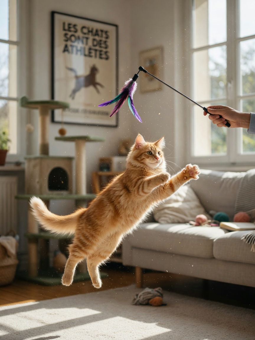 An orange cat leaping to catch a feather wand toy during afternoon play session