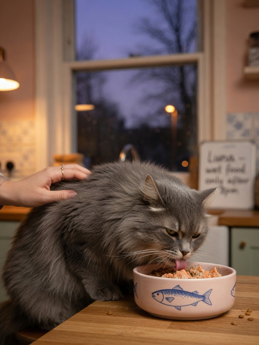 A grey cat eating contentedly from a bowl during evening feeding time