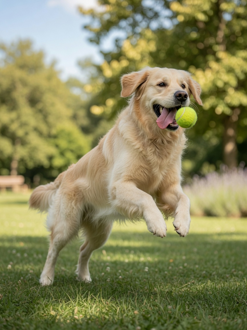 Energetic golden retriever leaping to catch a ball in a sunny park