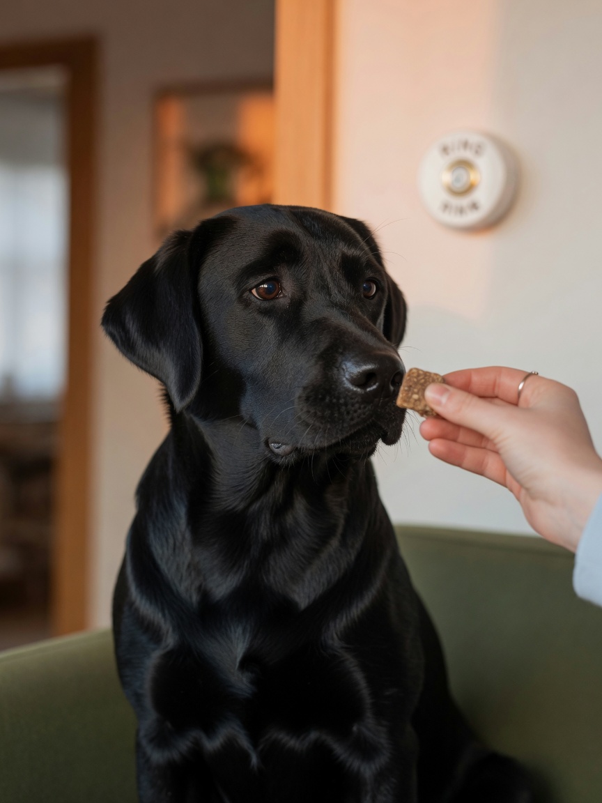 Dog calmly taking treat from owner's hand during training session near doorbell