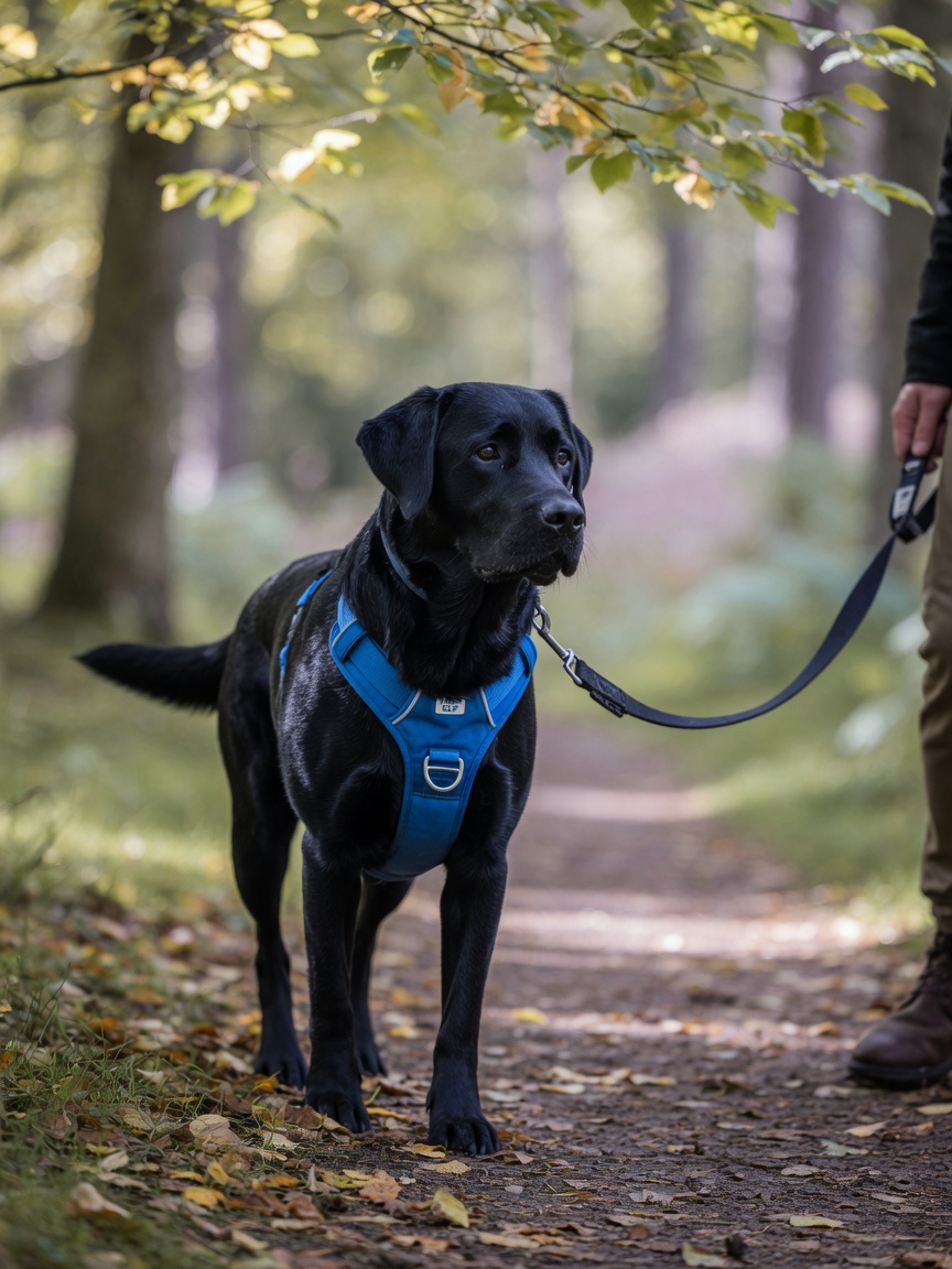 A black labrador wearing a blue front-clip harness walking calmly on a quiet woodland path with minimal distractions