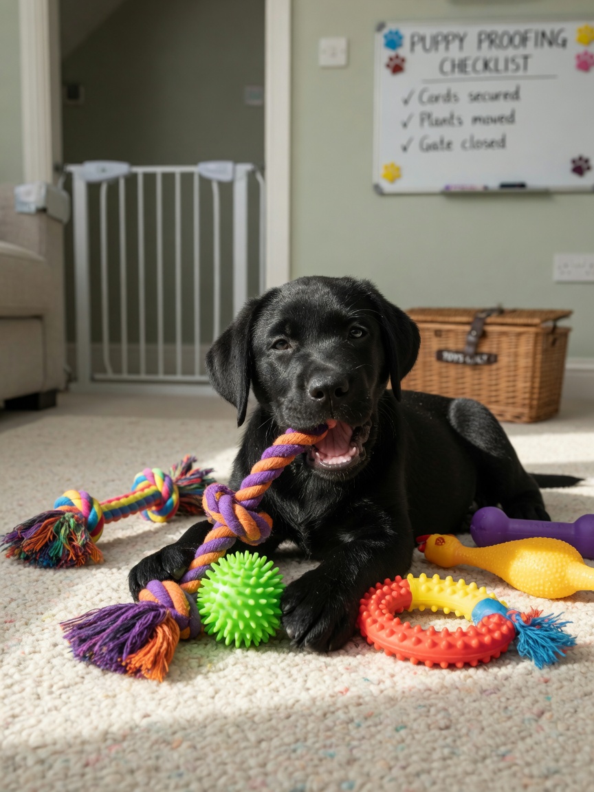 Black Labrador puppy happily chewing on a variety of safe, colourful rubber and rope toys on a soft carpet in a puppy-proofed living room.