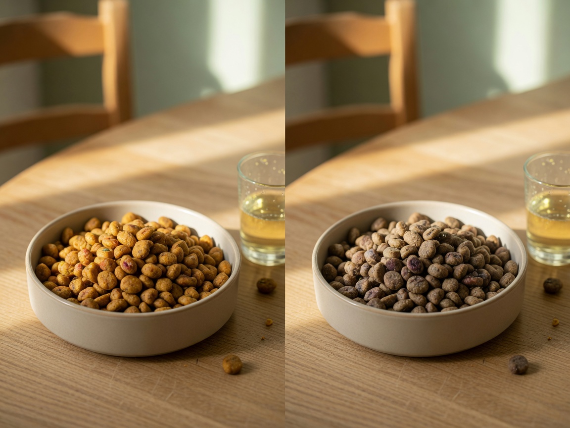 Fresh versus oxidized dog kibble shown side by side in bowls to demonstrate nutritional degradation over time
