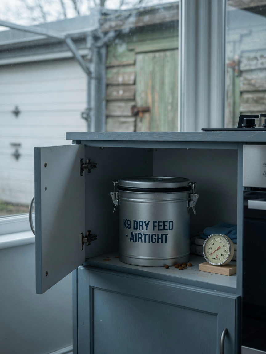 A sealed metal dog food storage container placed in a cool, dark kitchen cupboard away from heat sources