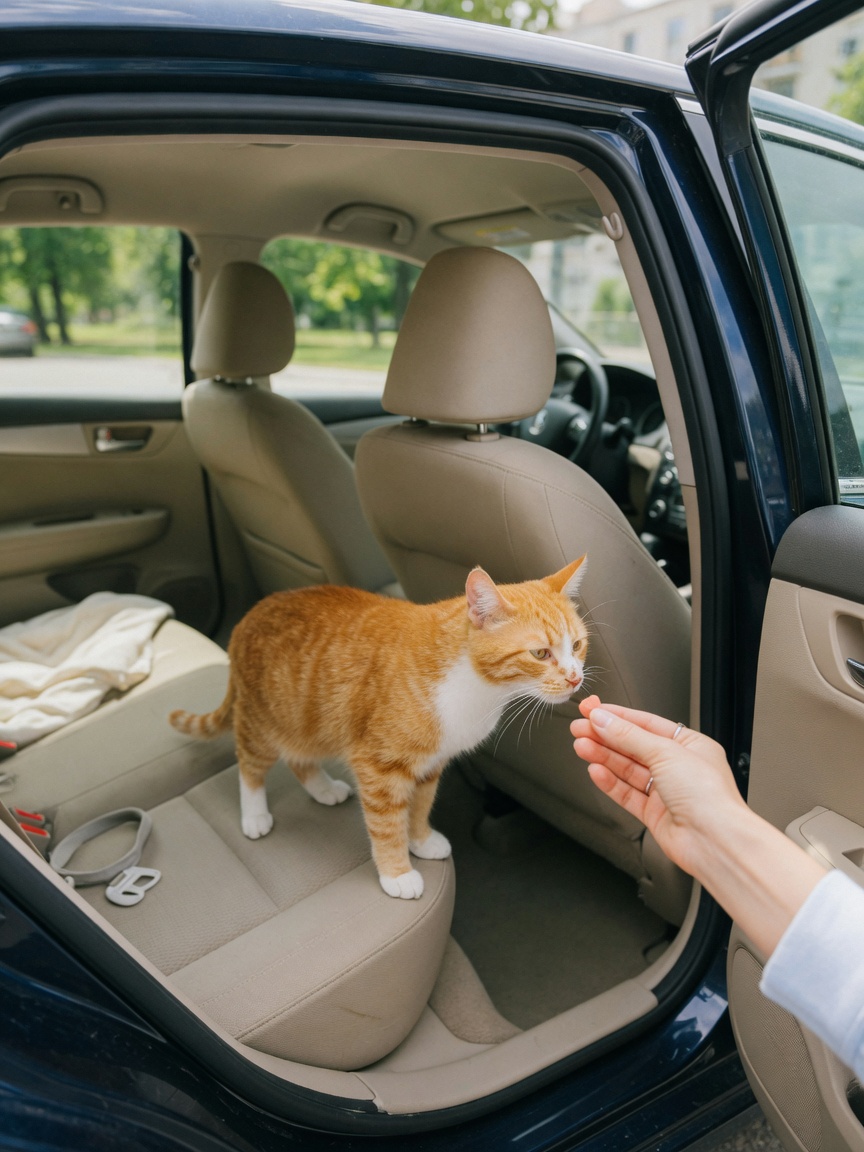 Eine rot-weiße Katze erkundet eine offene Autotür, während eine Hand des Besitzers ein Leckerli anbietet, um die Erkundung zu fördern