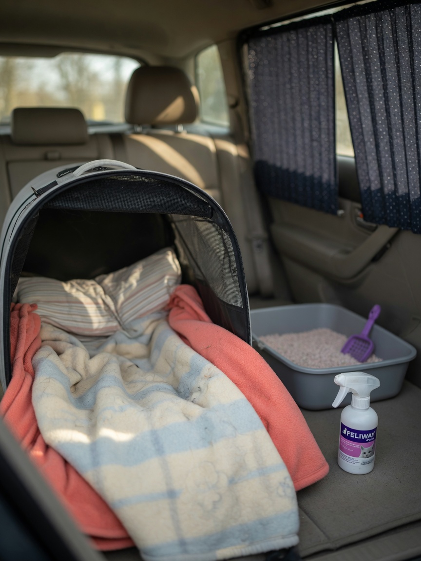 Eine Katzenbox mit bequemen Decken ausgekleidet, mit tragbarem Katzenklo und Beruhigungsmitteln sichtbar in einem Auto mit angebrachten Sonnenschutzvorrichtungen