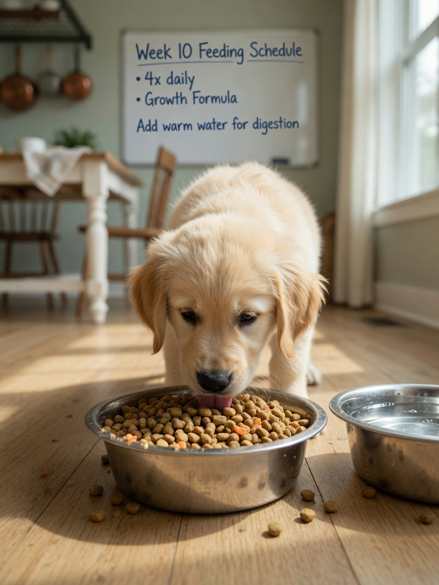Puppy eating from a food bowl during mealtime