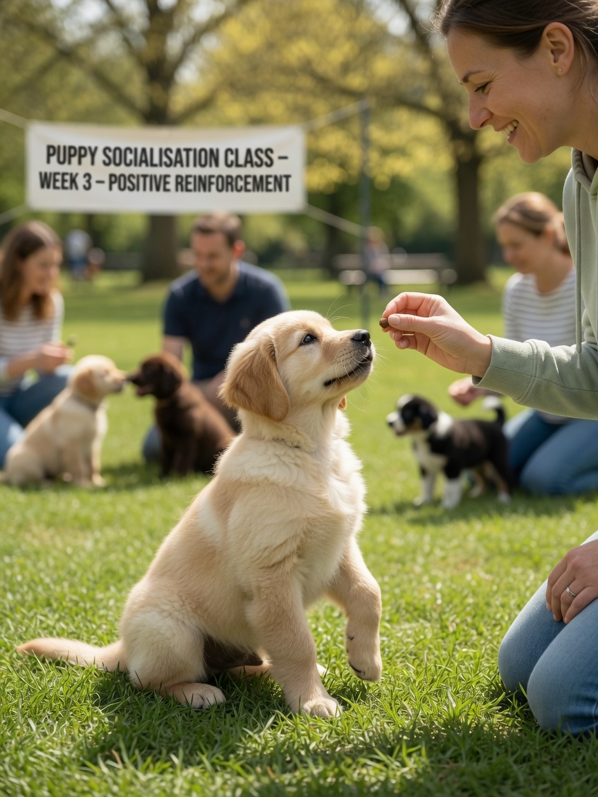 Puppy training class with trainer rewarding a young puppy with positive reinforcement