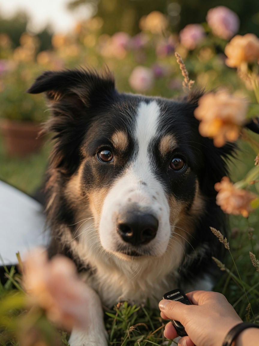 Border collie's face photographed from eye level with sharp eyes and natural catchlight, low perspective showing intimate photographic angle