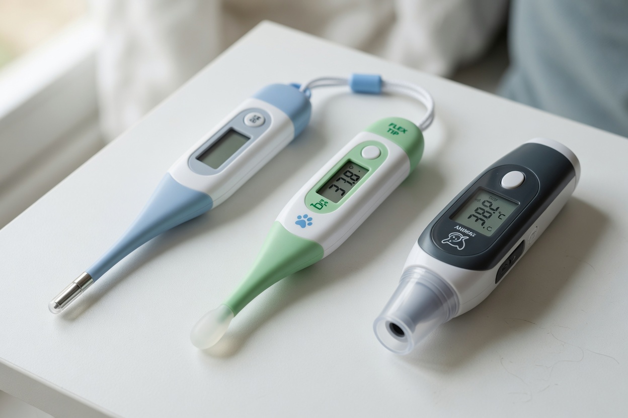 Three different thermometer types displayed side by side showing rectal, ear, and standard digital thermometers