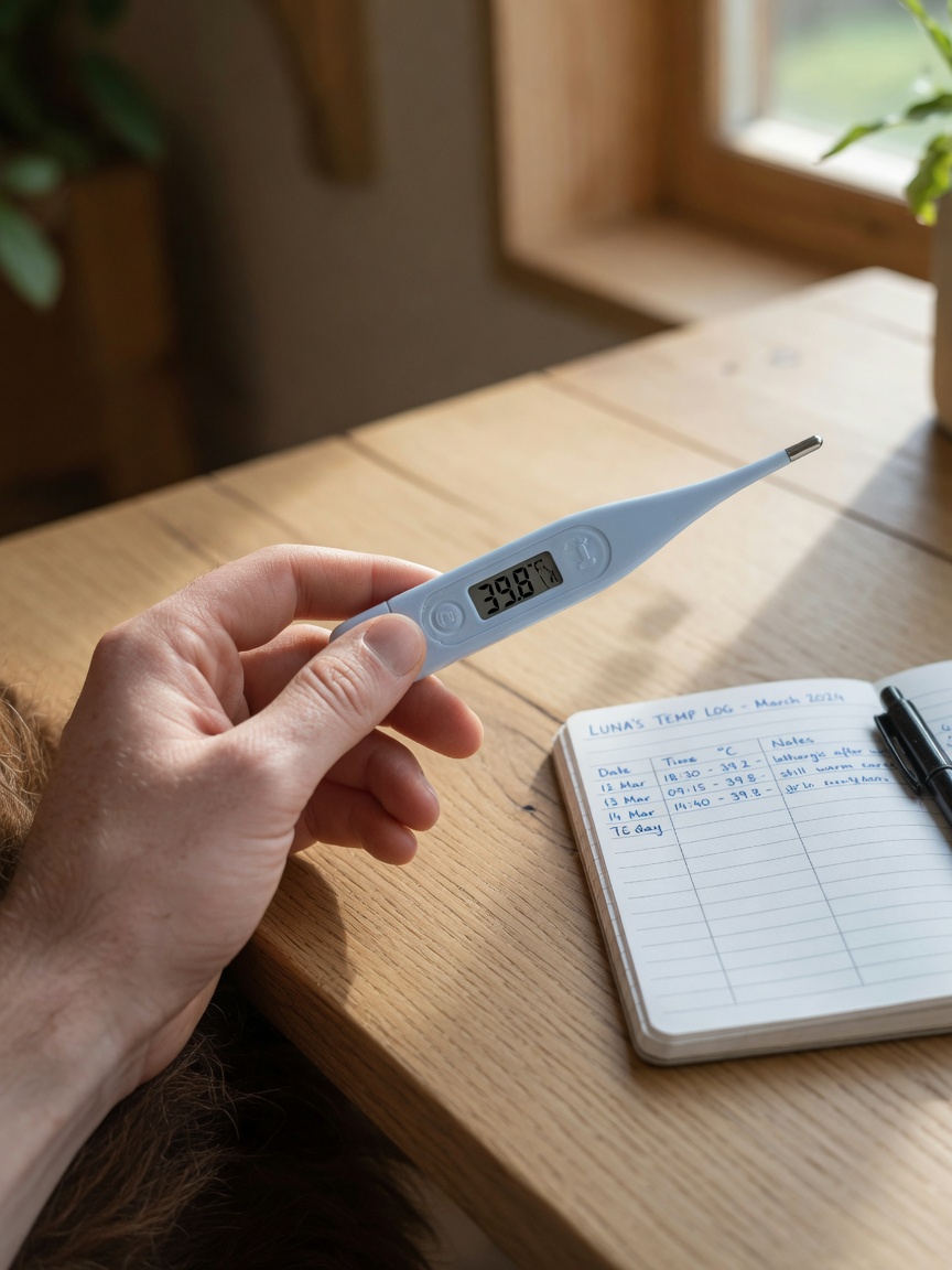 Digital thermometer showing a temperature reading with a handwritten temperature monitoring log in the background