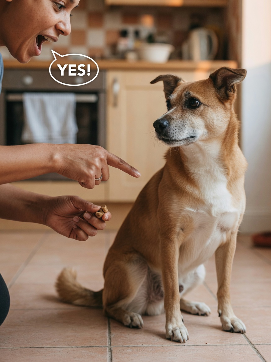 Trainer marking the moment a dog sits and immediately rewarding with a treat during training session