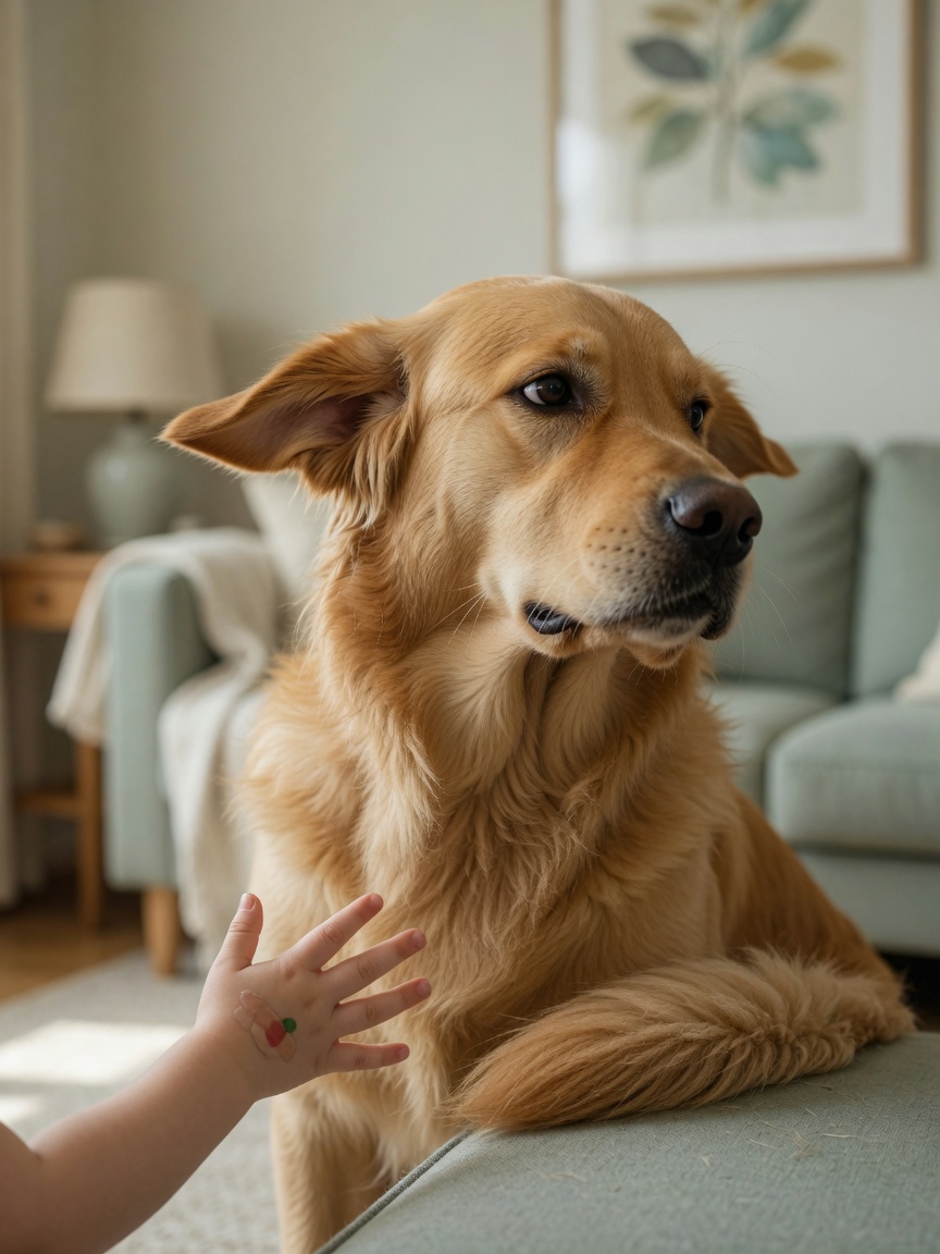 A golden retriever displaying warning body language with pinned-back ears, stiff posture, and tucked tail while avoiding a child's hand