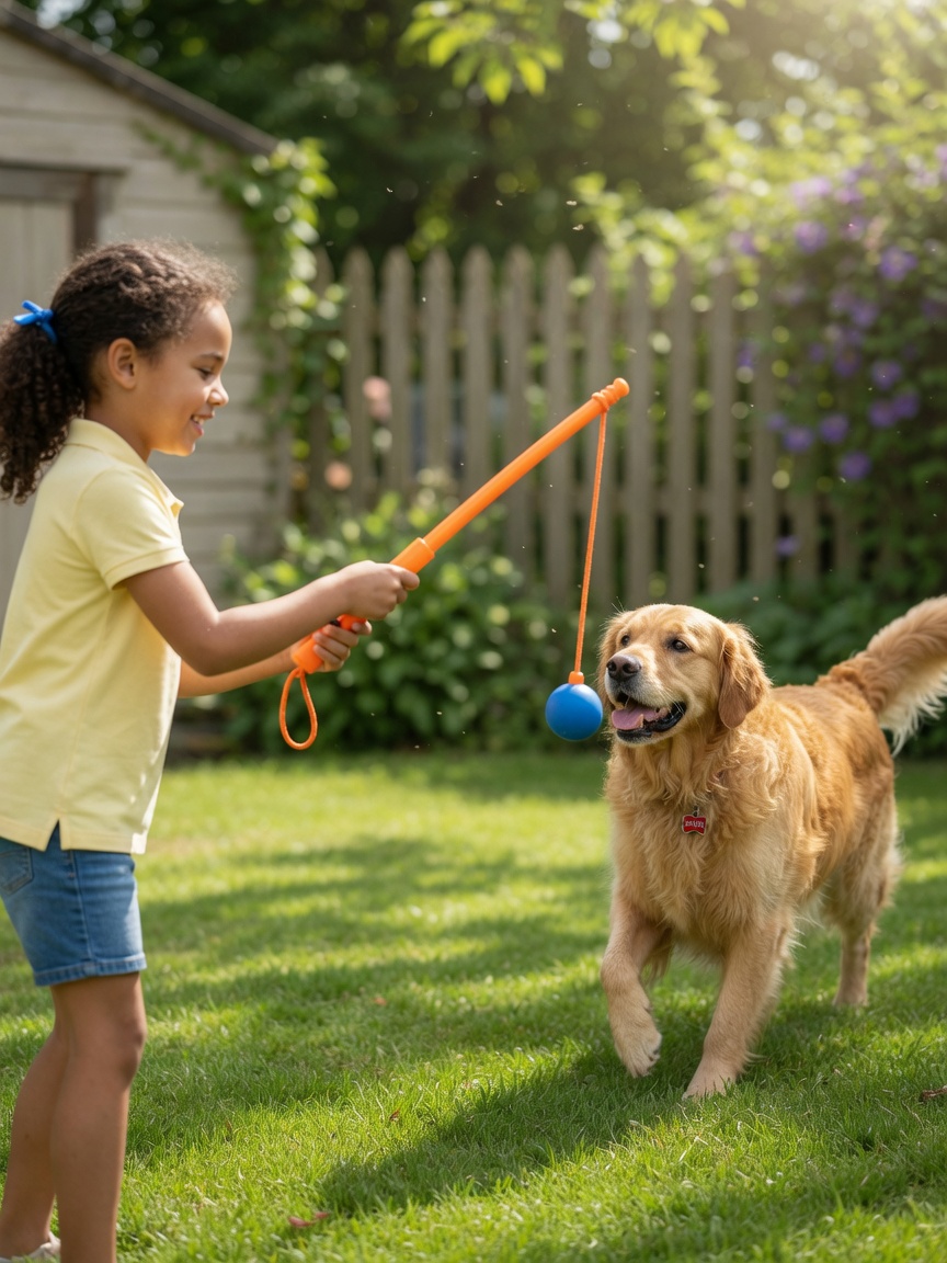 A child and golden retriever playing fetch with a long-handled toy, maintaining safe distance during calm, structured outdoor play