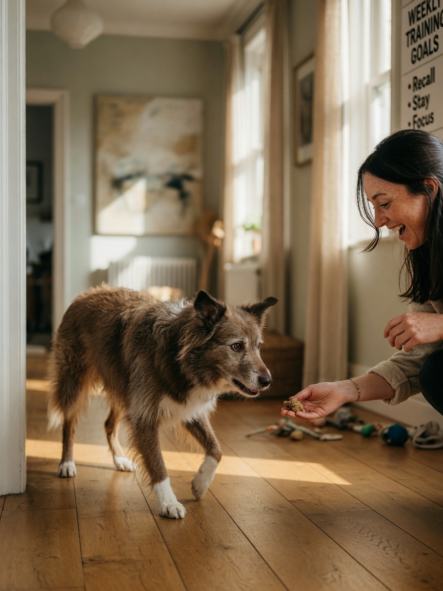 Owner crouched indoors welcoming dog with treat during initial recall training