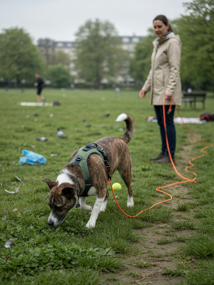 Dog with long training line exploring park while owner supervises recall training