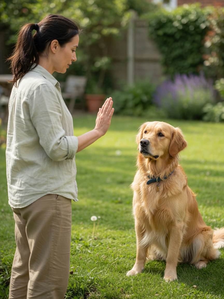 Golden retriever sitting on grass with woman standing at distance holding palm up in a stay gesture