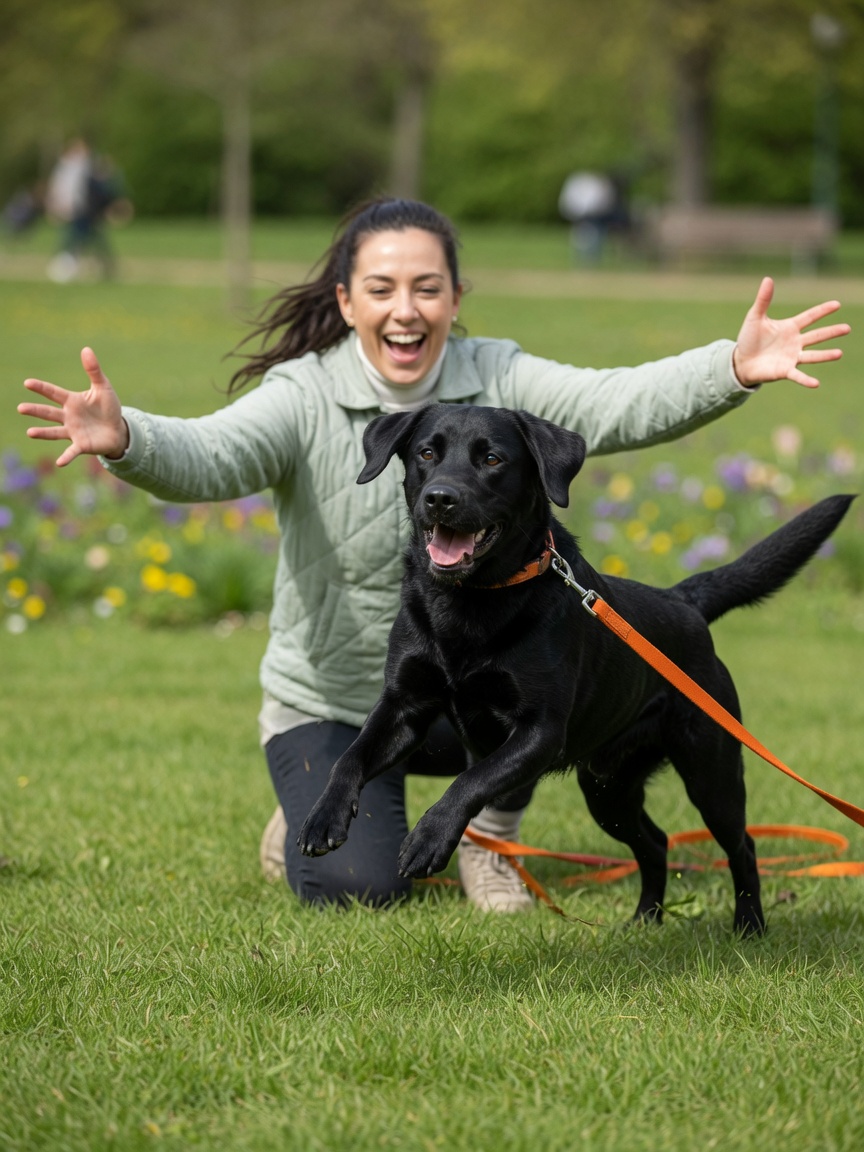 Black Labrador running toward kneeling woman with open arms on a long training lead in a park