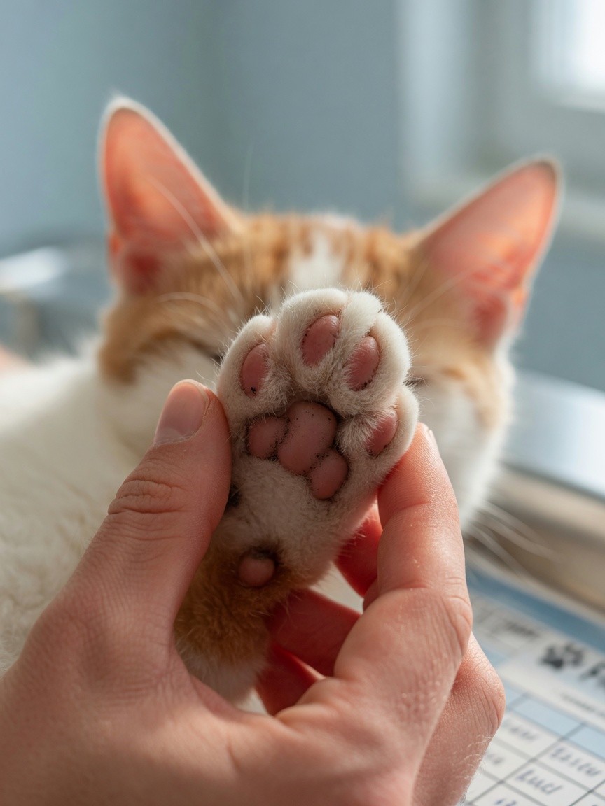 Close-up of warm cat paw pad being checked with human hands