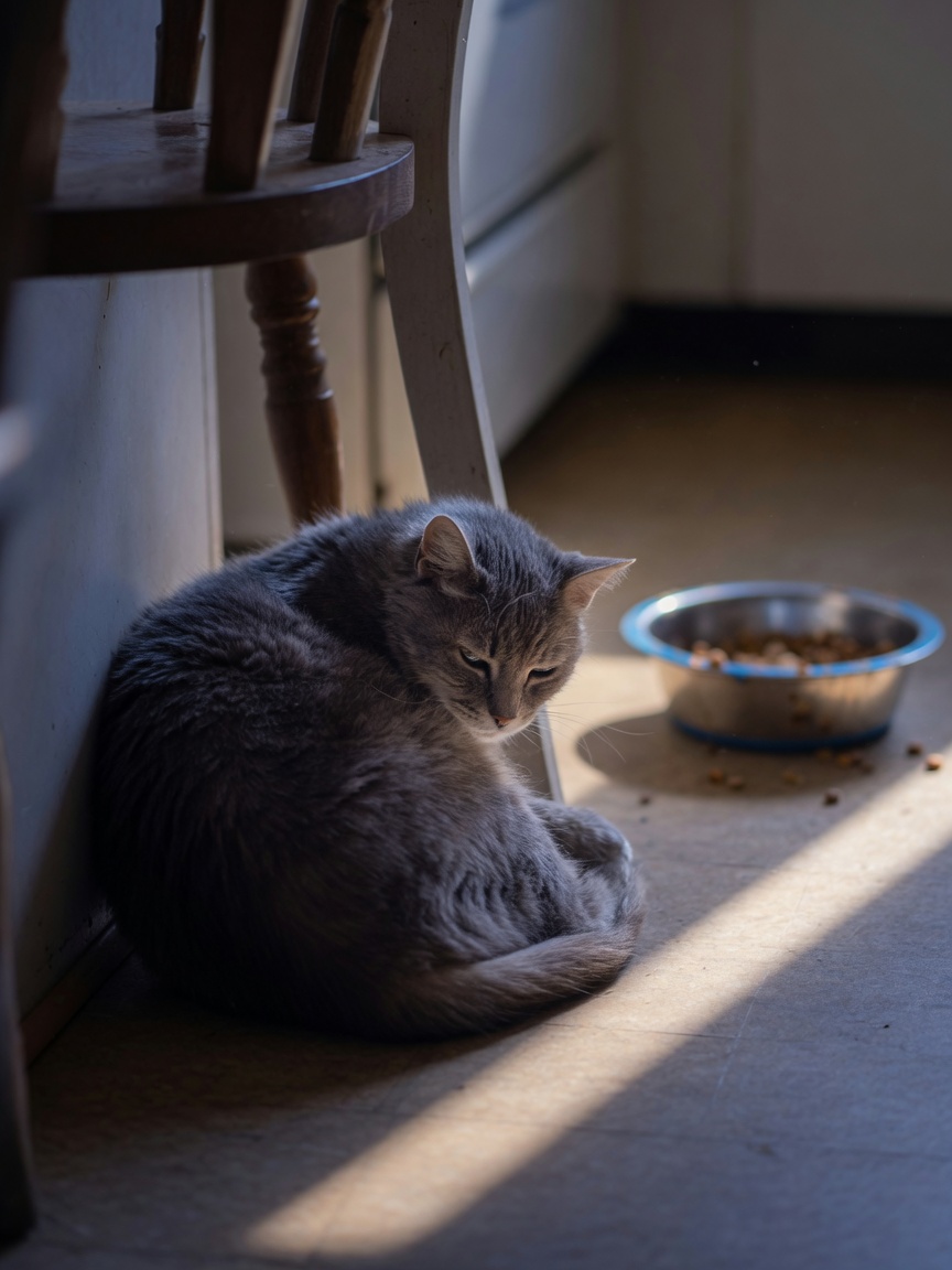 Sick cat hiding withdrawn in a dark corner with uneaten food bowl visible