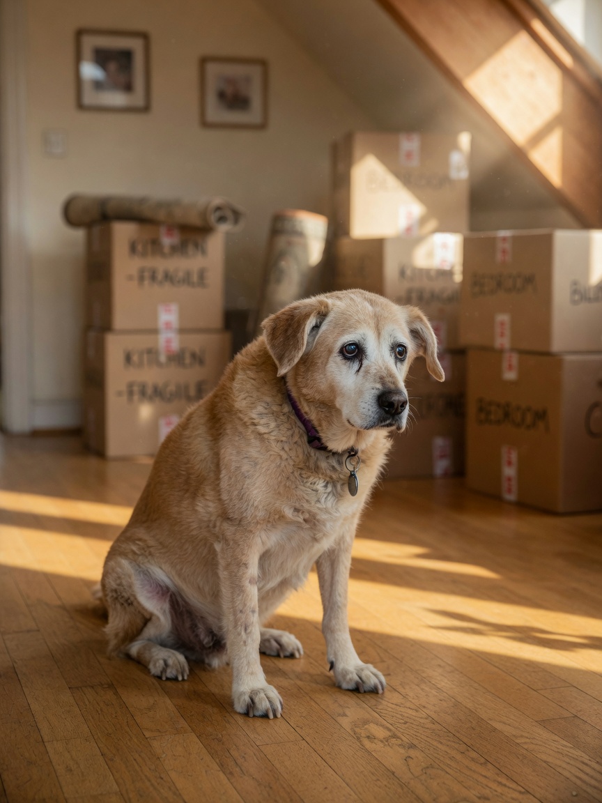 A confused dog sitting alone among moving boxes during a house relocation, displaying emotional distress from environmental change