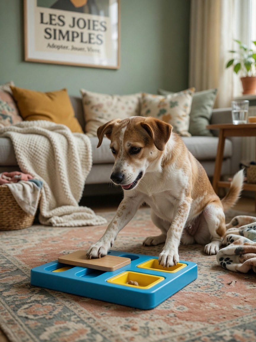 A dog showing improved mood and engagement while playing with a mental stimulation puzzle toy, demonstrating recovery through enrichment activities