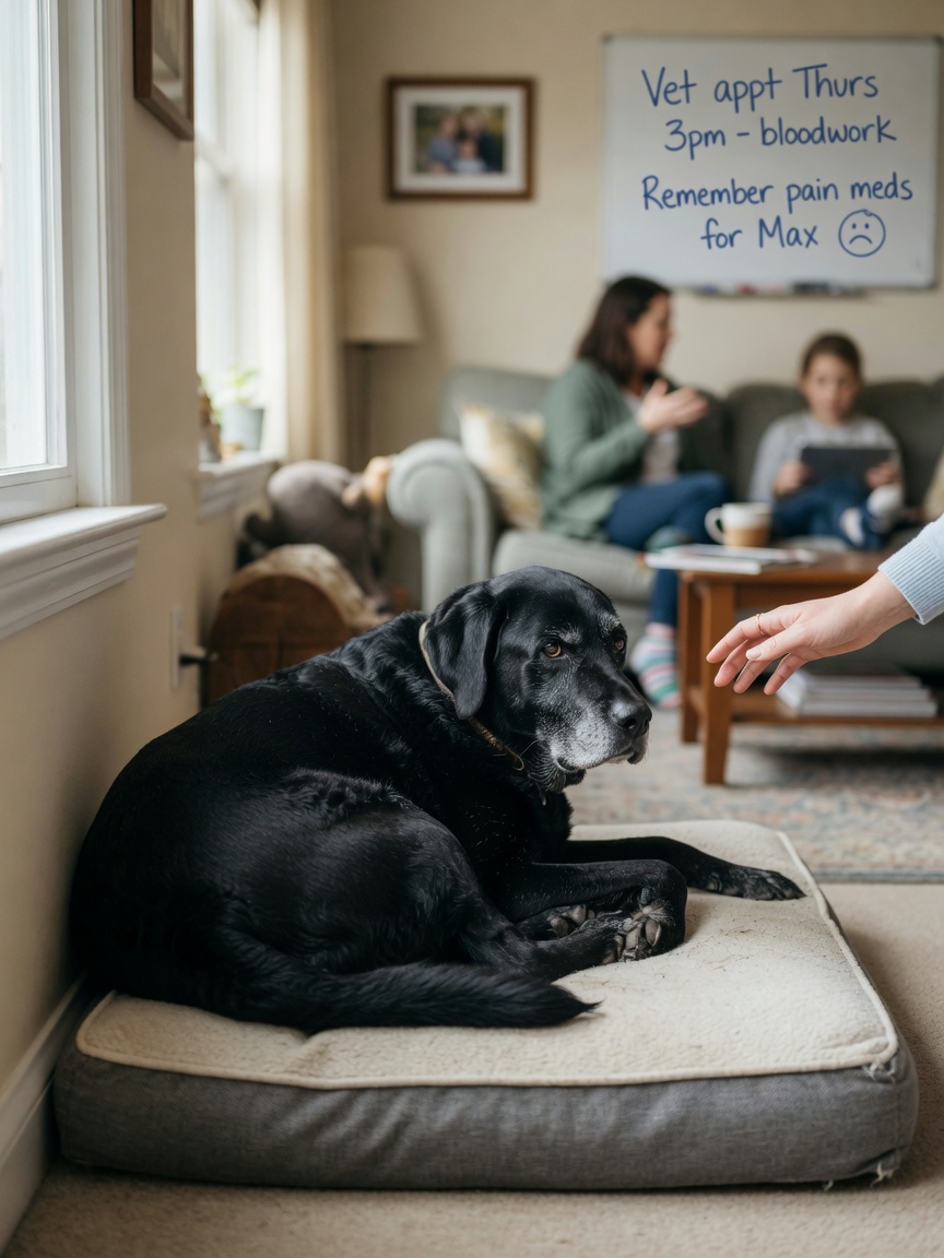 Senior dog lying withdrawn on orthopedic bed, turning away from family member's hand to demonstrate behavioural pain signs
