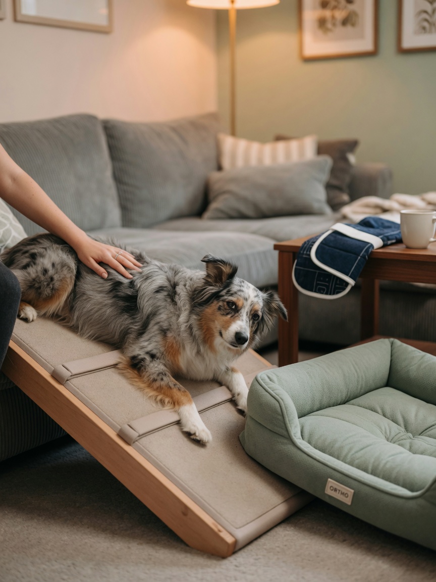 Dog using ramp and orthopedic bed with heat therapy wrap nearby, demonstrating environmental pain management solutions at home