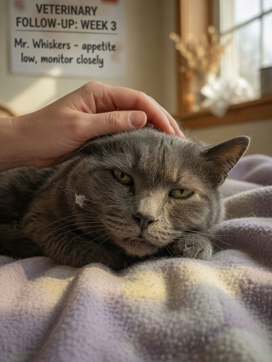 Close-up of a depressed cat's face showing dull eyes and unkempt fur, with owner's caring hand visible