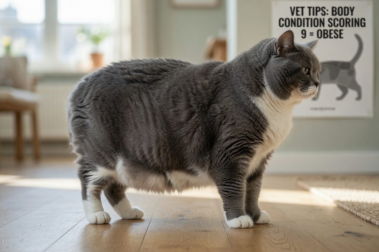 Übergewichtige grau-weiße Katze in Seitenansicht mit abgerundeter Körperform, fehlender Taillendefiniton und hängendem Bauch