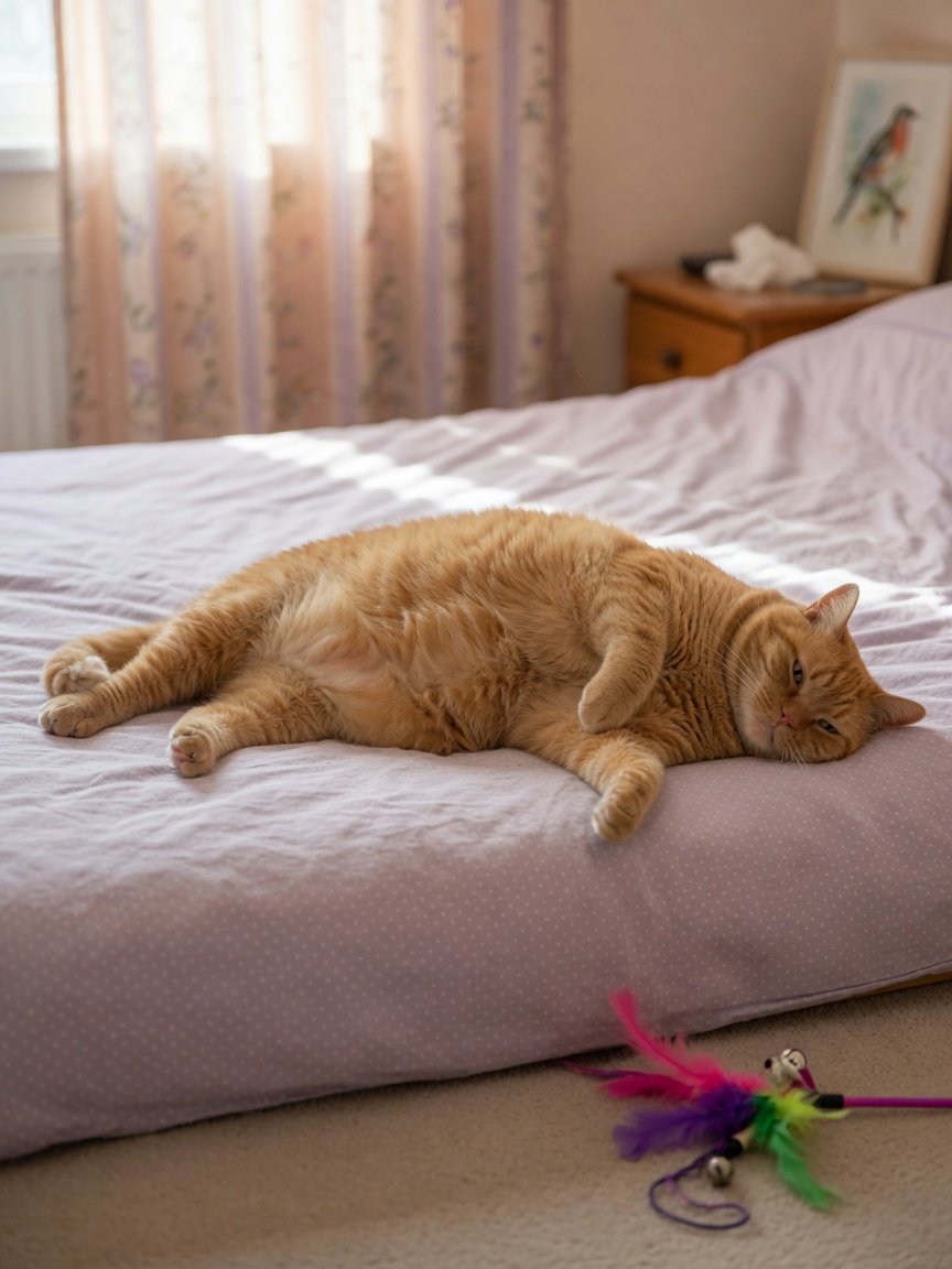 Lethargische übergewichtige Tabbykatze, die auf einem Bett liegt und verminderte Aktivität sowie mangelndes Interesse an nahegelegenen Spielzeugen zeigt