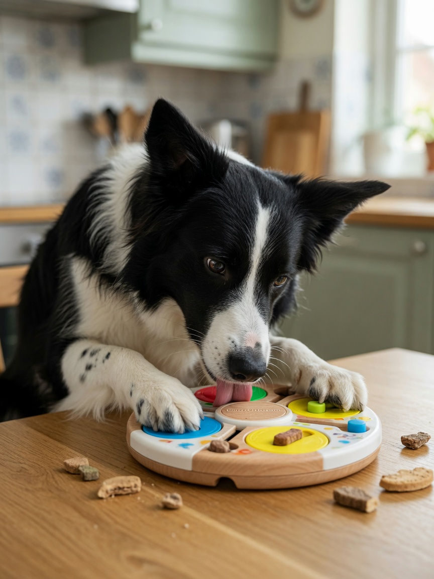 A Border Collie intensely focused on solving a puzzle feeder toy to extract treats from it
