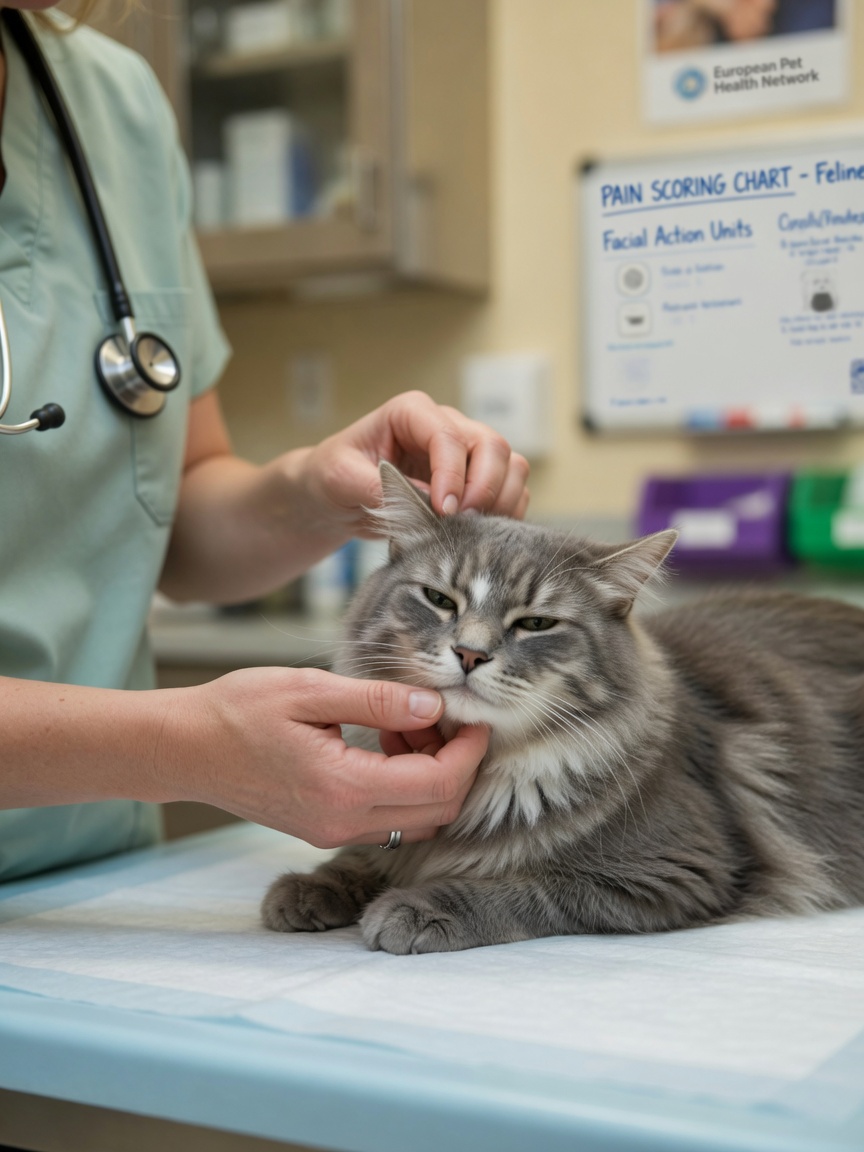 Veterinarian examining a grey and white cat's facial features during a pain assessment in a clinical setting