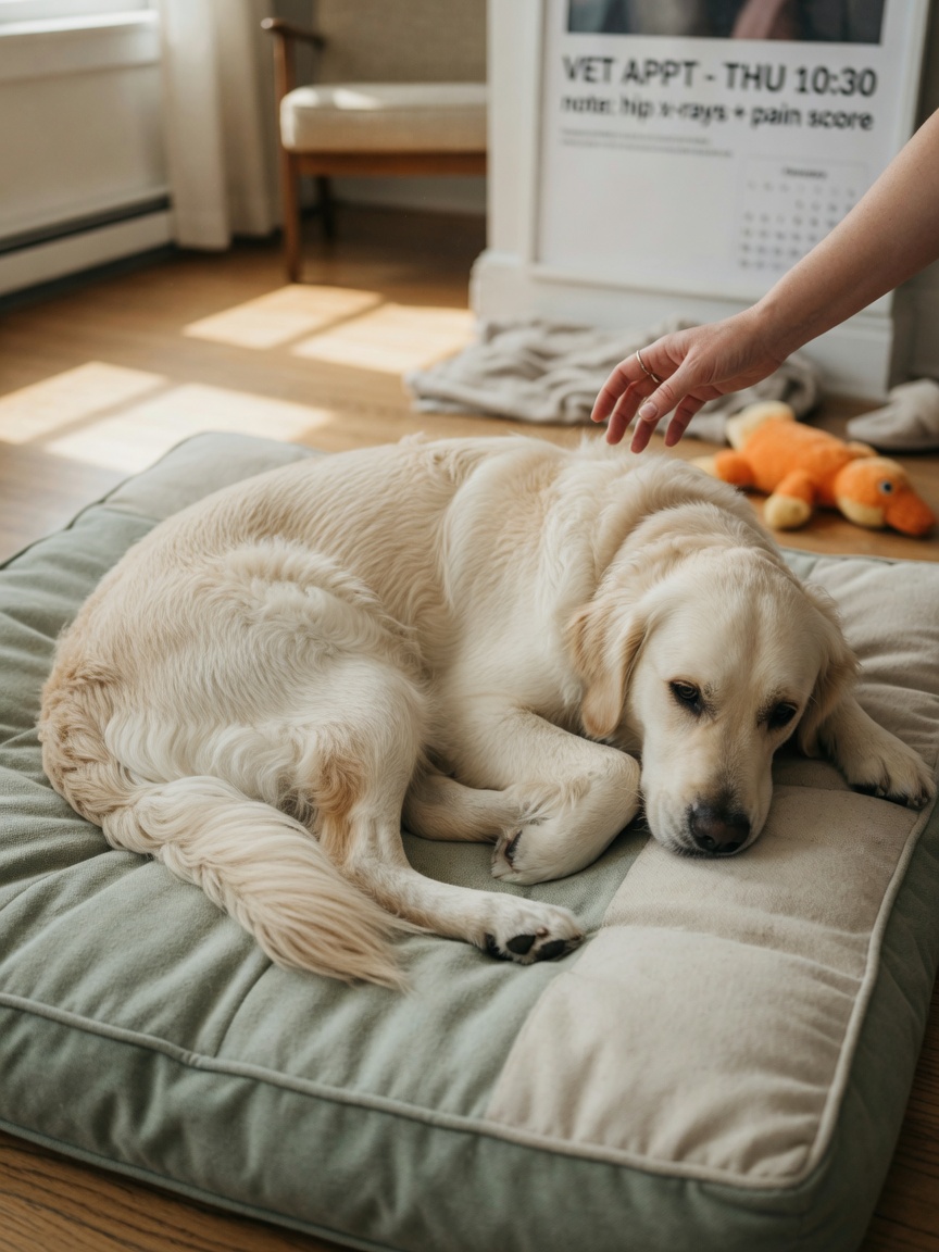 Golden Retriever lying on a bed with stiff posture and withdrawn expression while owner checks on the dog