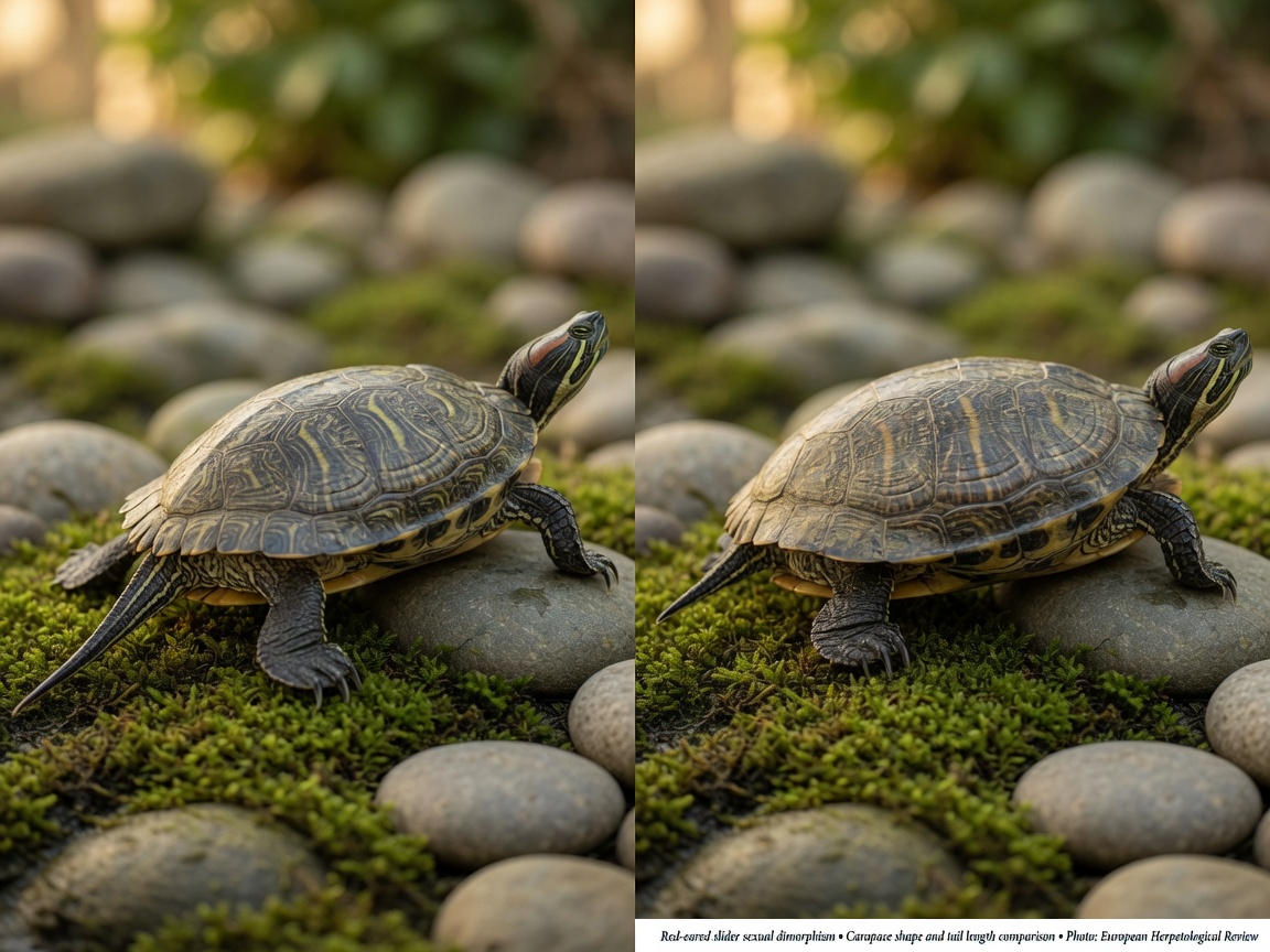 Male and female red-eared slider turtles showing differences in shell shape and tail length