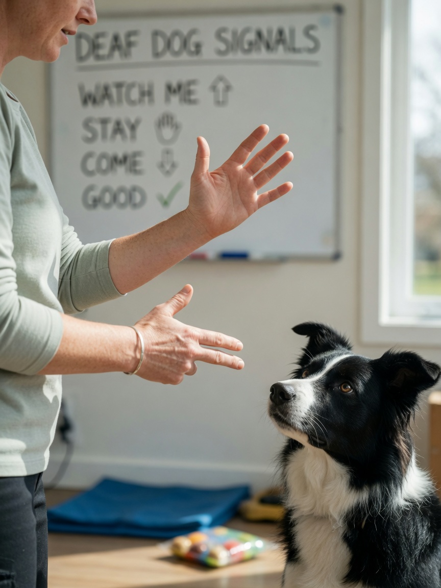 Trainer demonstrating clear hand signals with a deaf dog focusing intently on the hand movements during training