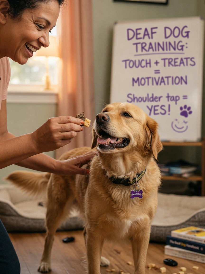 Dog trainer giving treats and gentle shoulder taps to reward a deaf dog during positive reinforcement training
