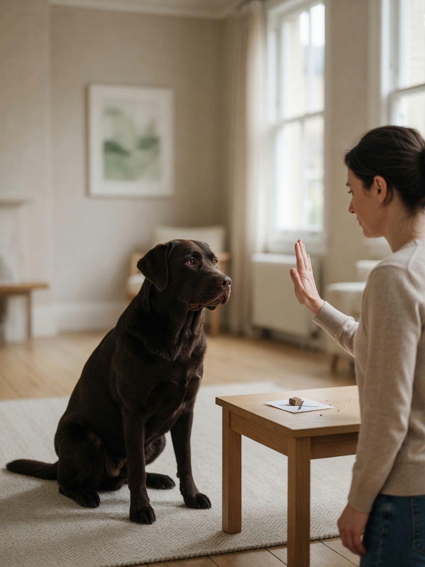 Dog maintaining a stay command while owner stands at distance with stay hand signal during force-free training