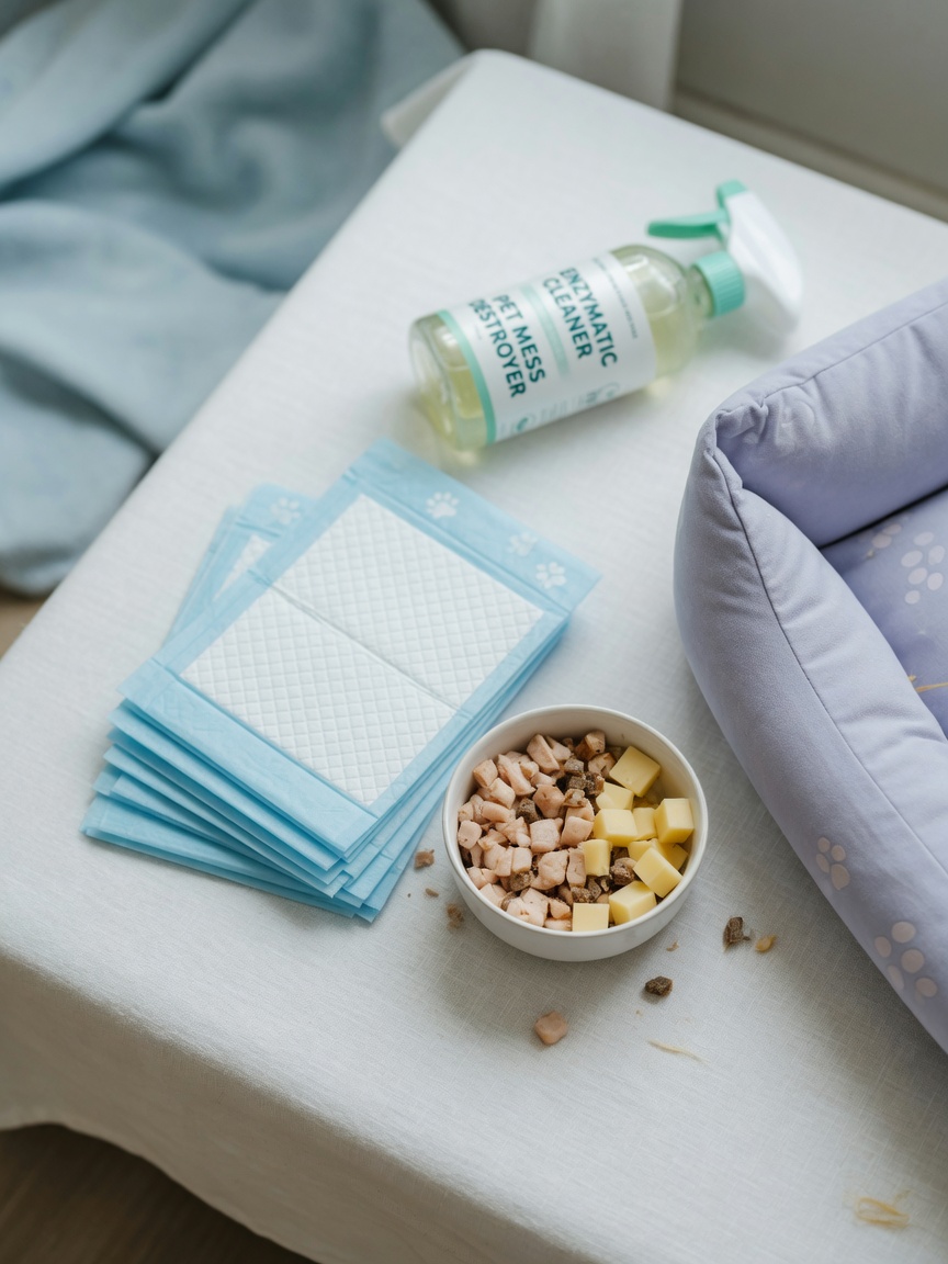 Flat lay of pee pad training supplies including absorbent pads, treats, enzymatic cleaner, and a dog bed