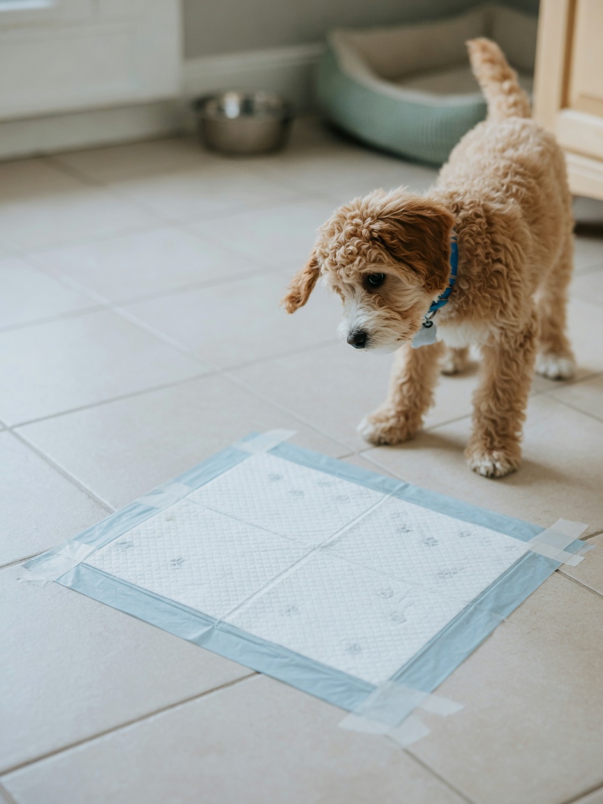 Secured pee pad on tile floor with a dog nearby showing common challenge of avoiding or resisting pad usage