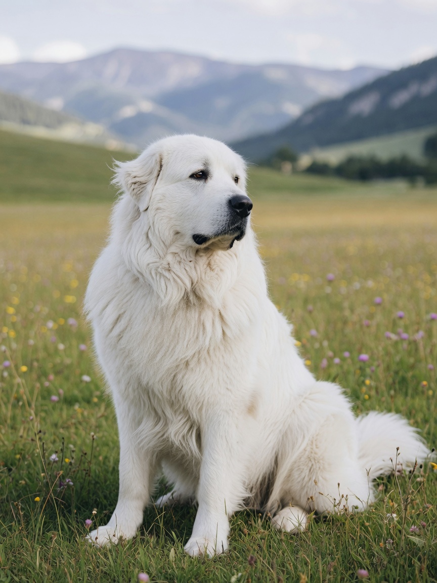 A Great Pyrenees displaying independent temperament in an open meadow