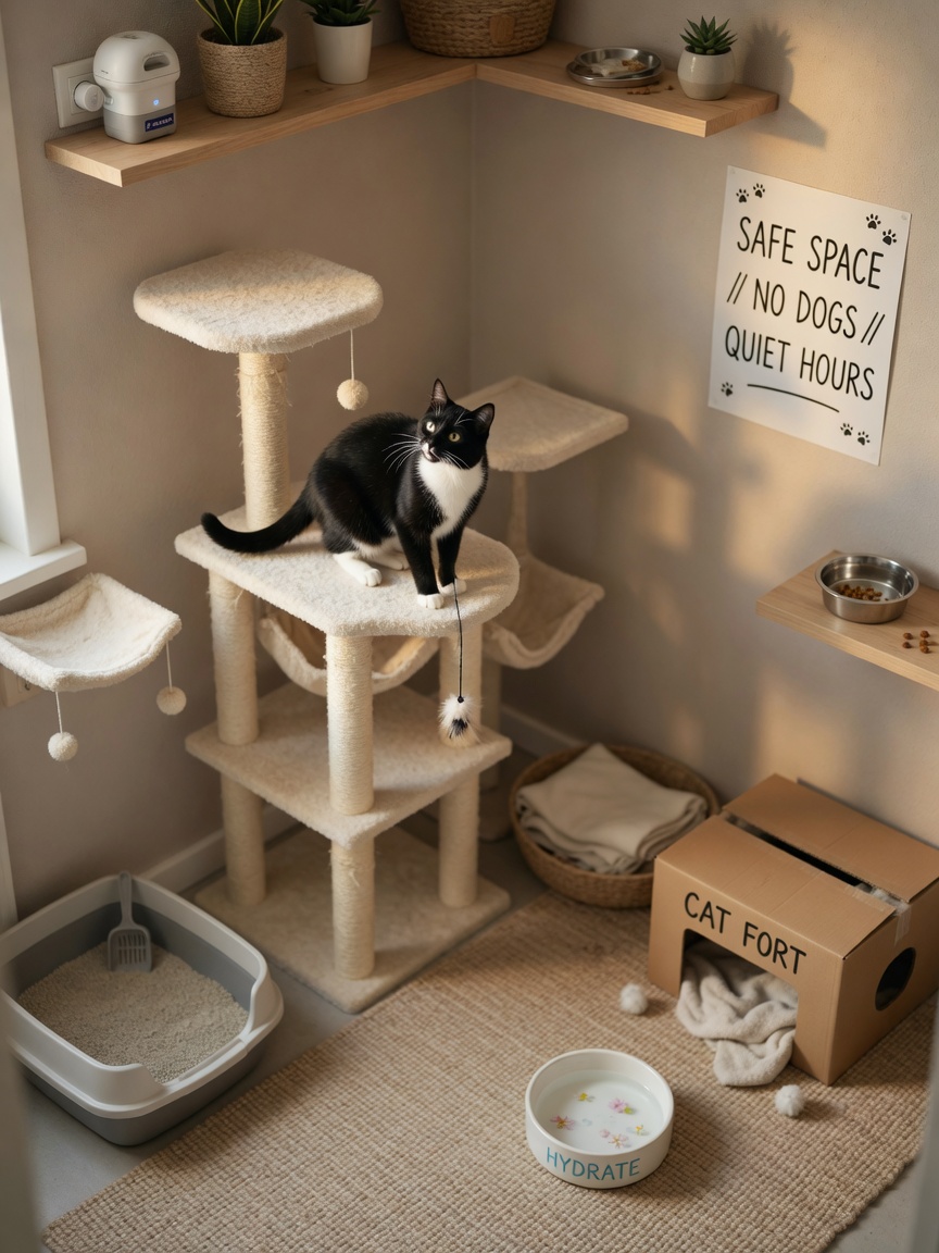 A cat in a safe haven room with vertical spaces, hiding spots, and separated feeding areas