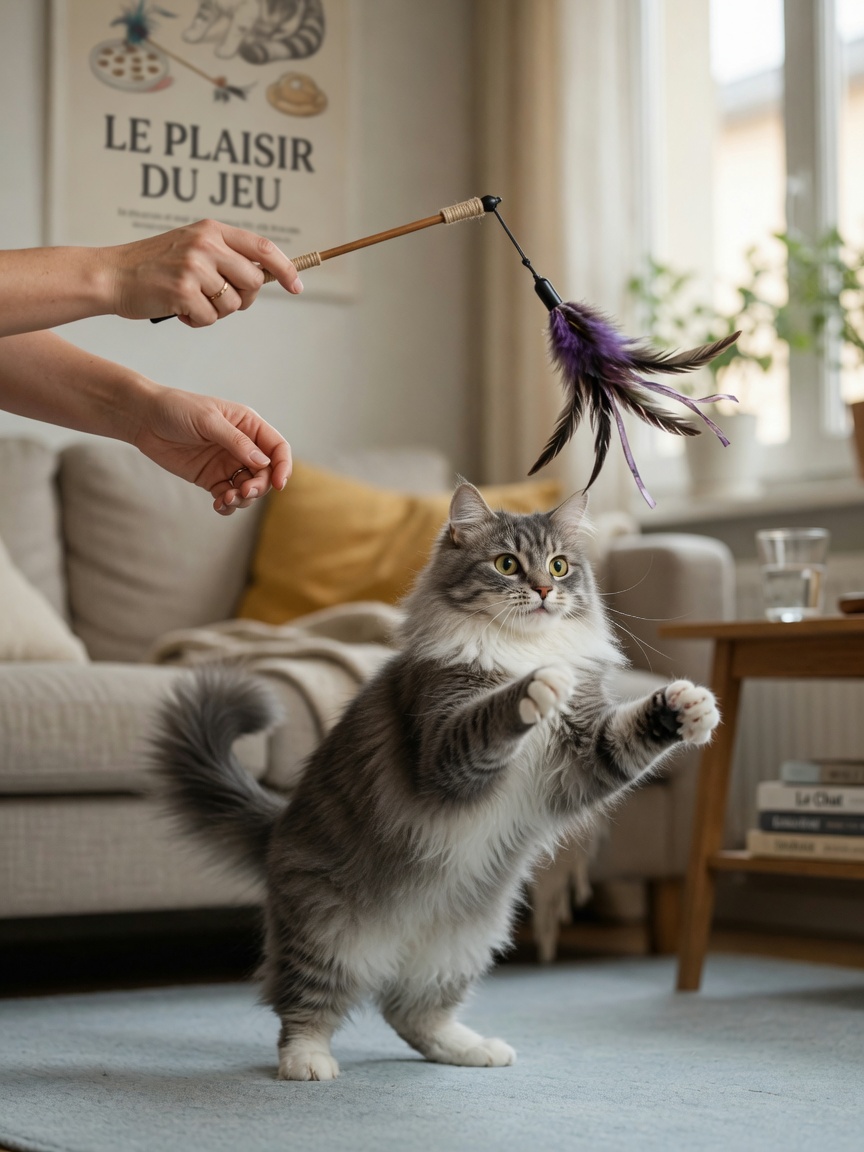 Owner playing with a cat using an interactive toy during a scheduled play session