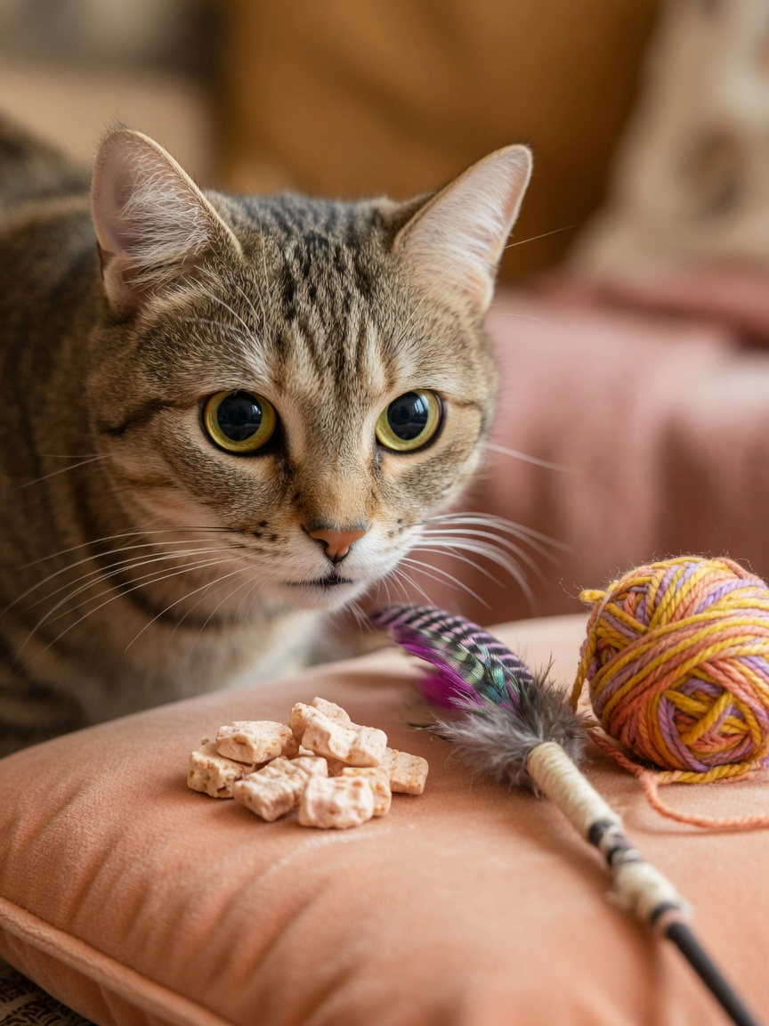Close-up of motivated cat's face watching training rewards including treats and toys