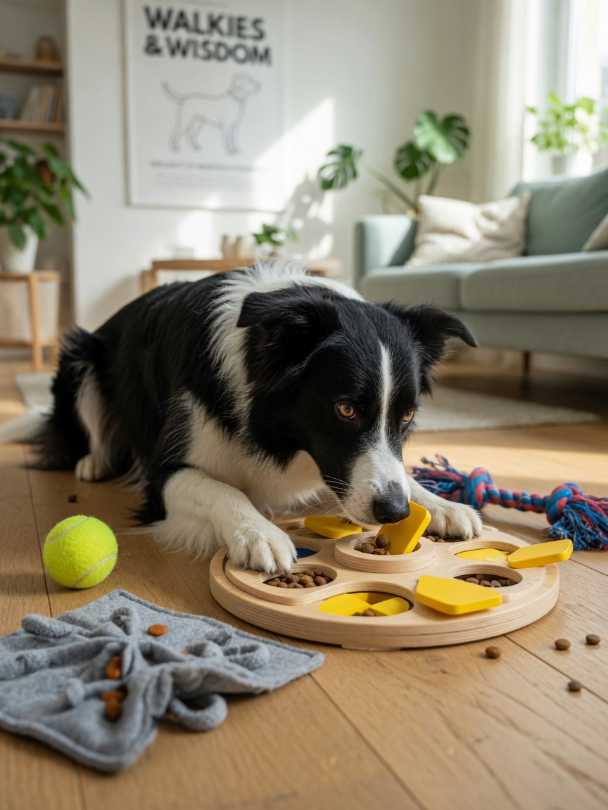 Border collie engaged with a puzzle toy and enrichment activities on living room floor