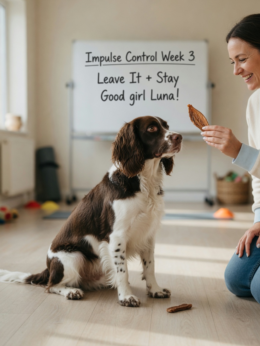 Springer spaniel demonstrating the leave it command, ignoring floor treat while receiving reward from owner