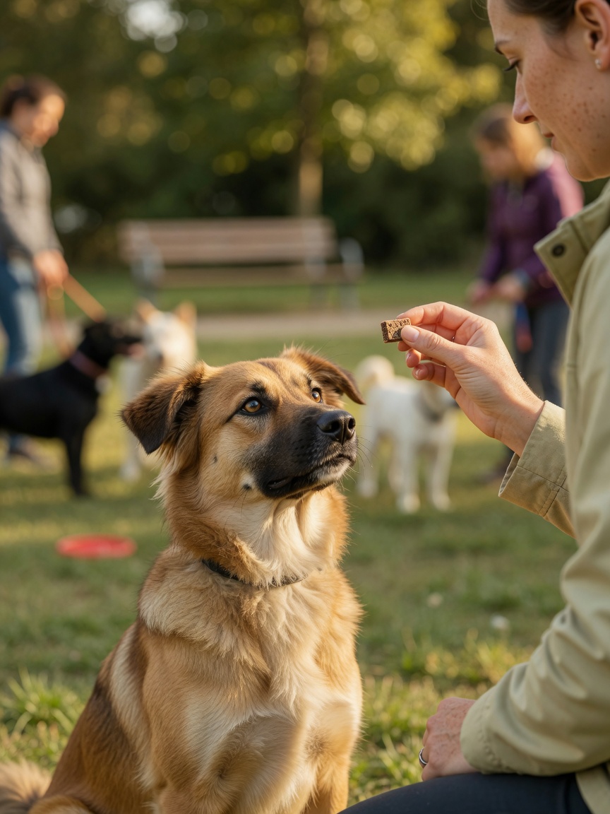 A dog focusing intently on its owner's eyes during outdoor training in a busy park with distractions in the background.