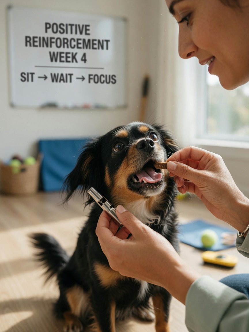 Trainer holding dog whistle with dog sitting attentively receiving treat reward