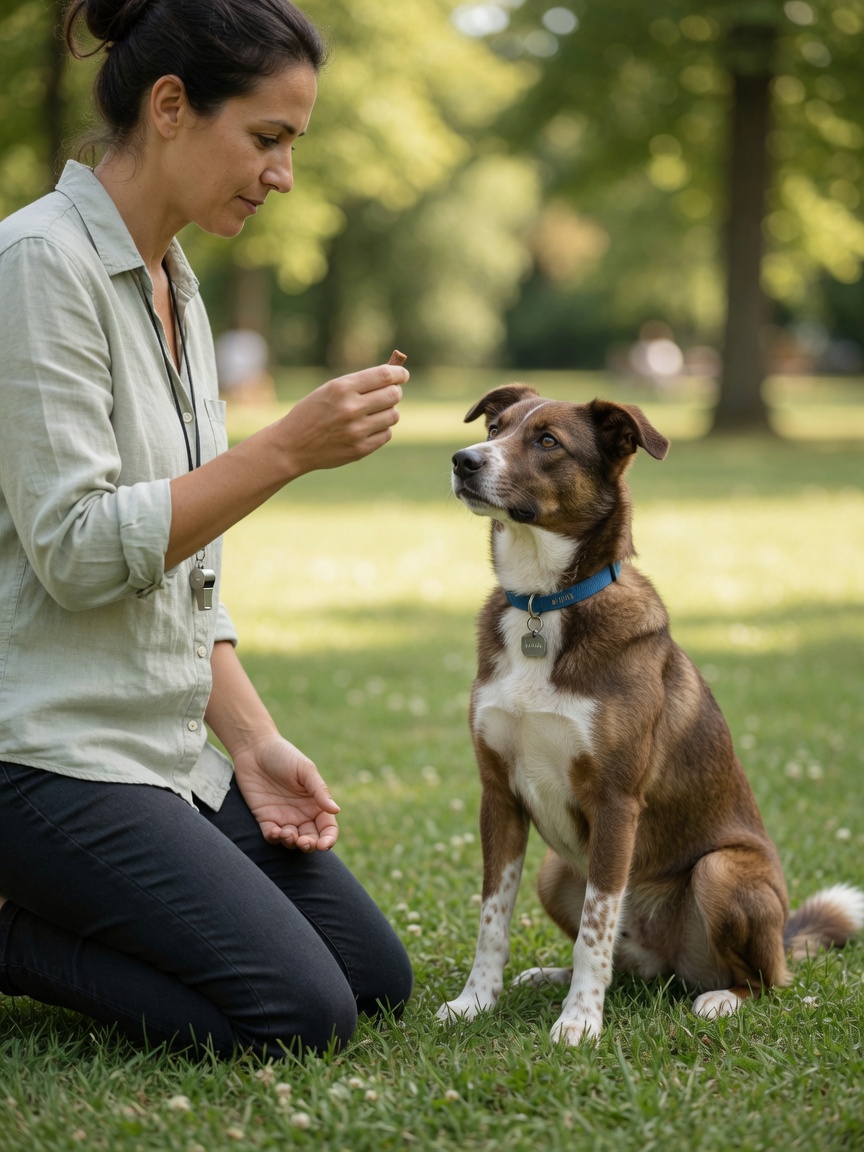Dog trainer demonstrating sit command with a treat to an attentive mixed-breed dog in a park setting