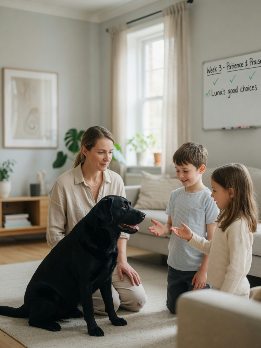 Adult supervising controlled first meeting between a calm black Labrador and two children offering gentle praise indoors